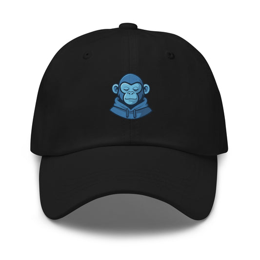 Casquette noire Fast Mood Monkey avec un logo de singe en bleu, un accessoire streetwear idéal pour exprimer une vibe décontractée et originale."