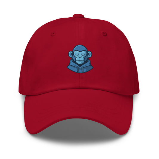 Casquette rouge Fast Mood Monkey avec un logo de singe en bleu, un accessoire streetwear idéal pour exprimer une vibe décontractée et originale."