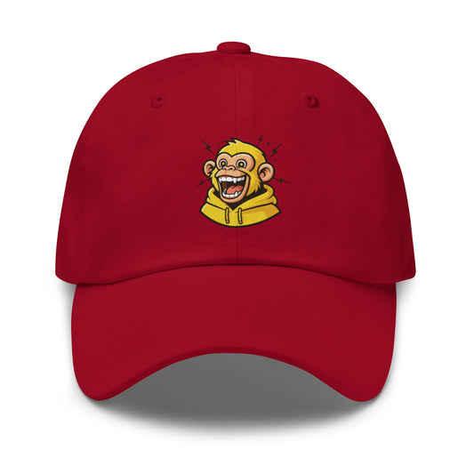 Casquette rouge Fast Mood Monkey avec un logo de singe en bleu, un accessoire streetwear idéal pour exprimer une vibe décontractée et originale."