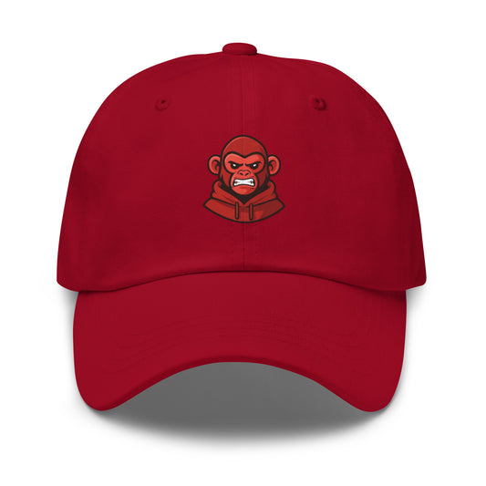 Casquette rouge Fast Mood Monkey avec un logo de singe en bleu, un accessoire streetwear idéal pour exprimer une vibe décontractée et originale."