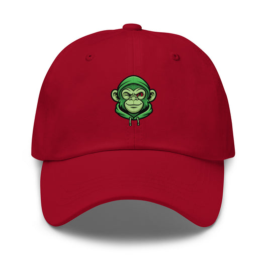 Casquette rouge Fast Mood Monkey avec un logo de singe en bleu, un accessoire streetwear idéal pour exprimer une vibe décontractée et originale."