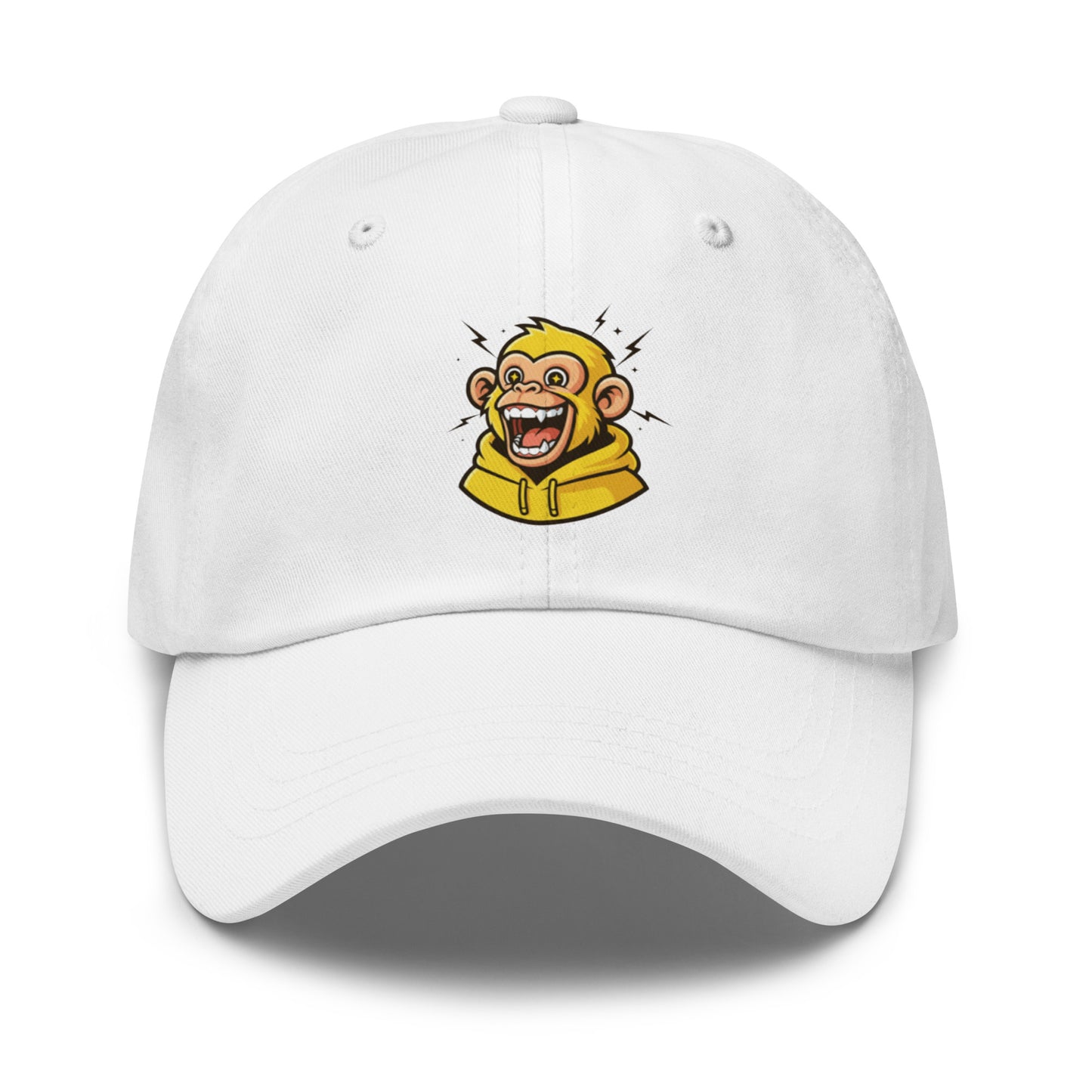 Casquette blanche Fast Mood Monkey avec un logo de singe en bleu, un accessoire streetwear idéal pour exprimer une vibe décontractée et originale."