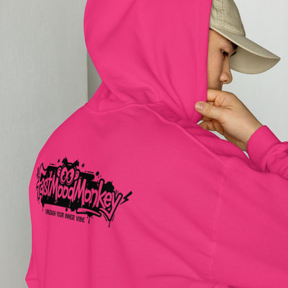 Sweat à capuche oversize rose Fast Mood Monkey, un vêtement streetwear unisexe qui incarne le mood 'Unleash your inner vibe' avec son logo de singe graphique dans le dos